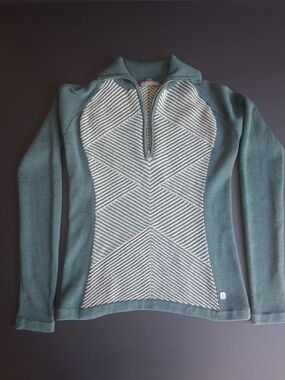 Smart Wool Women’s Teal And Cream Quarter-Zip Textured Front Sweater Fall SizeM